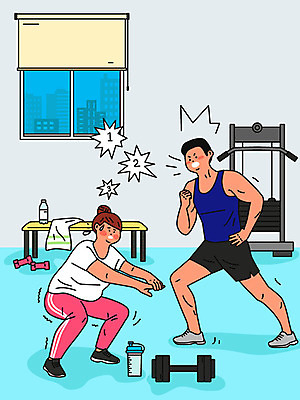 여자 남자 하늘색 몸매관리 다이어트 일러스트 건강 사람 성인 두명 여름 운동 건강관리 헬스 헬스장 역기 웨이트트레이닝 괴로움 준비 트레이너 땀 개인지도 성인만 스쿼트 맨몸운동 국내일러스트 AI파일 계절 감정 관리 파란색 연습 파일형식 벡터 운동자세