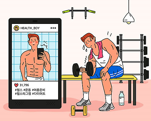 남자 분홍색 몸매관리 다이어트 일러스트 근육 건강 한명 사람 성인 여름 스마트폰 운동 건강관리 헬스 아령 헬스장 셀프카메라 준비 소셜네트워크 열심 성인남자한명만 국내일러스트 AI파일 1 계절 컬러 관리 핸드폰 스마트기기 사진촬영 남자한명만 성인남자만 파일형식 벡터