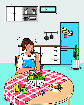 여자 하늘색 몸매관리 다이어트 채소 일러스트 식탁 건강 한명 사람 앉기 성인 여름 건강관리 샐러드 먹기 괴로움 준비 채식 살빼기 성인여자한명만 식단관리 국내일러스트 AI파일 1 계절 감정 음식 모션 탁자 관리 파란색 여자한명만 성인여자만 파일형식 벡터