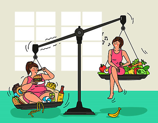 여자 몸매관리 다이어트 채소 과일 일러스트 건강 저울 사람 성인 두명 여름 건강관리 비교 비만 날씬함 준비 식단 민트색 살 식이조절 성인여자만 식단관리 국내일러스트 AI파일 계절 컬러 컨셉 관리 몸매 여자만 성인만 파일형식 벡터