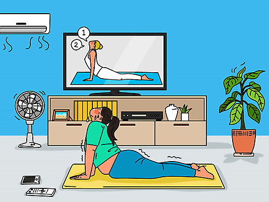 여자 화분 몸매관리 다이어트 일러스트 요가 건강 한명 사람 성인 여름 파란색 운동 건강관리 텔레비전 요가자세 매트 선풍기 에어컨 비만 준비 티비시청 살빼기 열심 성인여자한명만 거실장 국내일러스트 AI파일 1 웰빙 계절 컬러 포즈 가구 관리 전자제품 가전제품 몸매 시청_보고들음 여자한명만 성인여자만 파일형식 벡터