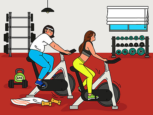 여자 몸매관리 다이어트 일러스트 건강 사람 성인 두명 빨간색 여름 운동 건강관리 자전거 운동기구 아령 헬스장 비교 몸매 비만 준비 질투 성인여자만 스피닝 국내일러스트 AI파일 계절 감정 컬러 컨셉 관리 바이크 헬스 여자만 성인만 파일형식 벡터