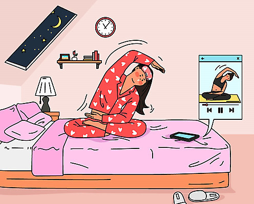 여자 분홍색 몸매관리 다이어트 일러스트 요가 건강 한명 사람 성인 여름 운동 건강관리 스트레칭 방 잠옷 침대 준비 영상 동영상 성인여자한명만 국내일러스트 AI파일 1 웰빙 옷 계절 컬러 가구 관리 여자한명만 성인여자만 파일형식 벡터