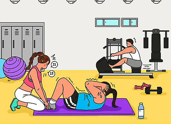 여자 남자 몸매관리 다이어트 일러스트 건강 사람 성인 세명 여름 운동 노란색 건강관리 운동기구 아령 헬스장 비만 준비 트레이너 땀 윗몸일으키기 열심 성인만 맨몸운동 국내일러스트 AI파일 계절 컬러 관리 헬스 몸매 파일형식 벡터