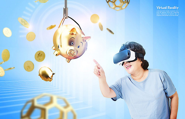 PSD 편집이미지 여자 중년 50대 돈 한명 파란색 동전 터치 한국인 체험 뽑기머신 가상현실 중년여자한명만 카피스페이스 4차산업 VR기기 황금돼지 이미지편집 1 산업 컬러 컨셉 사람 동양인 성인 기계 공백 돼지 재산 여자한명만 중년여자만 파일형식