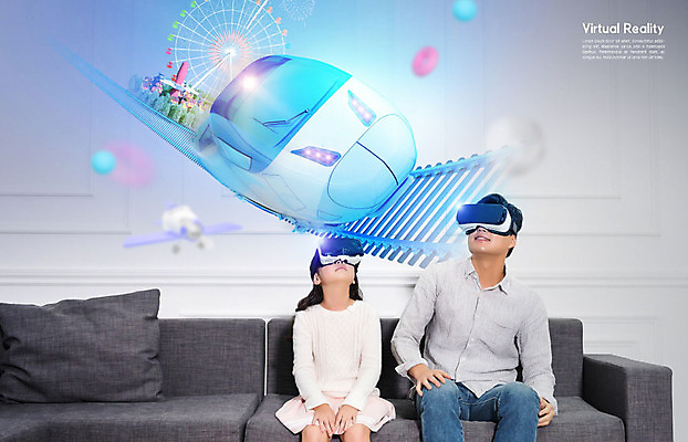 PSD 편집이미지 여자 남자 딸 어린이 사람 앉기 성인 두명 10대 30대 파란색 소파 놀이공원 기차 한국인 체험 아빠 가상현실 카피스페이스 부녀 4차산업 VR기기 이미지편집 산업 육상교통 컬러 컨셉 의자 가족 모션 청소년 대중교통 동양인 장년 기계 공백 테마파크 파일형식