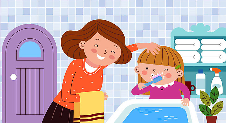 학생 여자 딸 어린이 일러스트 가족 엄마 사람 소녀 성인 두명 수건 기쁨 욕실 양치 즐거움 세면대 서랍장 칭찬 여자만 스쿨팩 국내일러스트 AI파일 감정 가구 관계 위생용품 청결 파일형식 벡터