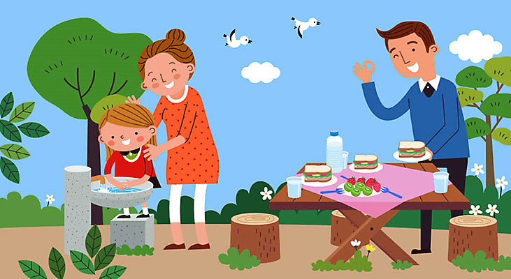나무 학생 여자 남자 딸 어린이 과일 일러스트 가족 엄마 샌드위치 사람 소녀 성인 세명 부모 소풍 식사 기쁨 아빠 물병 즐거움 나무밑둥 손씻기 식수대 칭찬 스쿨팩 코로나바이러스 국내일러스트 AI파일 식물 감정 음식 관계 야외활동 바이러스 씻기 물통 파일형식 벡터