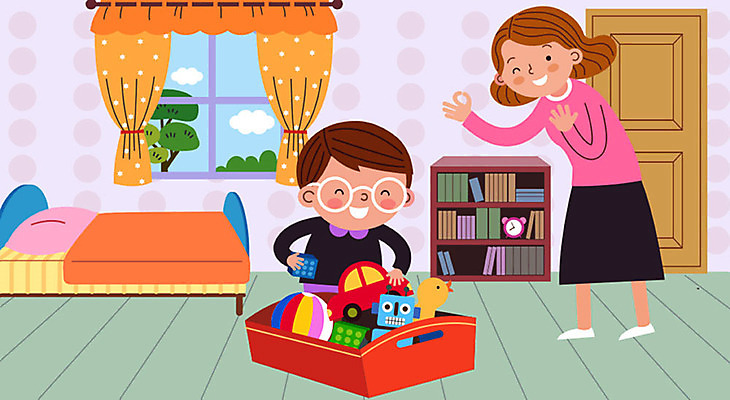 학생 여자 남자 아들 어린이 일러스트 창문 가족 엄마 사람 소년 성인 두명 장난감 기쁨 침대 즐거움 정리 칭찬 스쿨팩 국내일러스트 AI파일 감정 가구 관계 파일형식 벡터