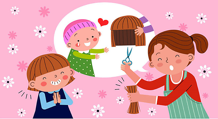 학생 여자 꽃 어린이 말풍선 일러스트 사람 소녀 성인 세명 머리카락 기쁨 환자 하트 자르기 즐거움 가발 가위질 기부 선행 칭찬 스쿨팩 국내일러스트 AI파일 모양 식물 감정 의학 모션 가위_도구 머리 파일형식 벡터