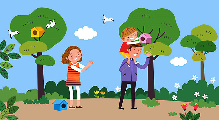 나무 구름 학생 여자 남자 꽃 어린이 일러스트 가족 조류 엄마 사람 소년 성인 세명 부모 기쁨 아빠 둥지 보호 즐거움 바른생활 배려 선행 칭찬 스쿨팩 국내일러스트 AI파일 자연요소 식물 동물 감정 컨셉 관계 파일형식 벡터