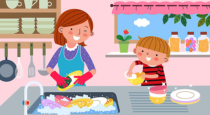 학생 여자 남자 아들 어린이 일러스트 가족 엄마 주방용품 사람 소년 성인 두명 컵 기쁨 도움 프라이팬 설거지 즐거움 싱크대 고무장갑 공병 바른생활 선행 칭찬 스쿨팩 국내일러스트 AI파일 식기 감정 생활용품 장갑 컨셉 가사 관계 개수대 고무 병_담는 파일형식 벡터