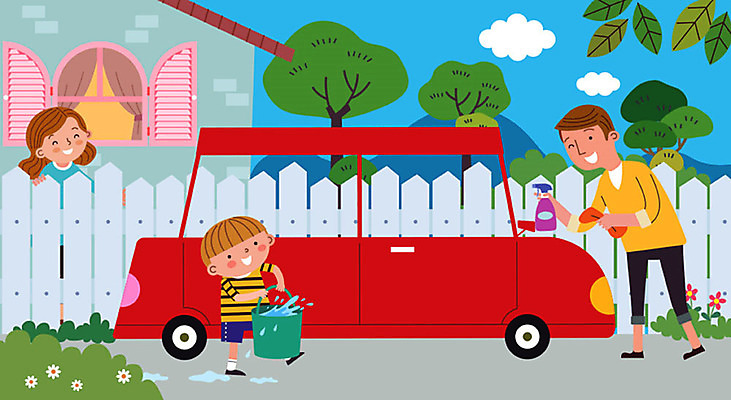 나무 학생 여자 남자 꽃 아들 어린이 일러스트 가족 엄마 주택 사람 소년 성인 세명 울타리 기쁨 도움 아빠 양동이 즐거움 분무기 세차 바른생활 선행 칭찬 스쿨팩 국내일러스트 AI파일 식물 감정 컨셉 관계 건물 담장 파일형식 벡터