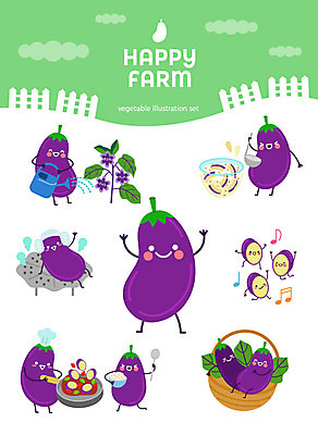 캐릭터 스티커 일러스트 가지 요리 사람없음 세트 바구니 귀여움 여러개 물뿌리개 프라이팬 유기농 찜기 이모티콘 채소캐릭터 가지꽃 가지볶음 가지캐릭터 아기자기 일러캐릭터 AI파일 웰빙 꽃 다수 컨셉 채소 주방용품 볶음 파일형식 벡터