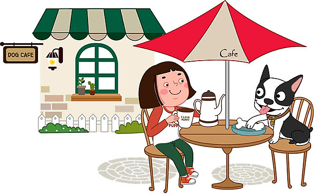동물 한마리 여자 반려견 커피 일러스트 한명 사람 성인 일상 반려동물 강아지 즐거움 반려 애견카페 야외테라스 성인여자한명만 국내일러스트 AI파일 1 감정 음료 라이프 카페 발코니 개 여자한명만 성인여자만 파일형식 벡터