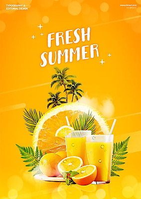 PSD 편집이미지 영어 포스터 오렌지 타이포그라피 사람없음 여름 야자수 주황색 신선 달콤 오렌지주스 보케 상큼 야자수잎 이미지편집 나무 문자 계절 컬러 잎 과일 맛 과일주스 파일형식