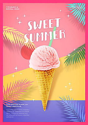 PSD 편집이미지 영어 포스터 타이포그라피 사람없음 여름 컬러풀 달콤 시원함 콘아이스크림 야자수잎 이미지편집 문자 계절 컬러 잎 아이스크림 맛 파일형식