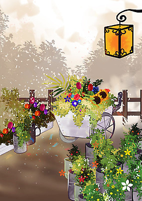 PSD 화분 백그라운드 일러스트 전등 사람없음 울타리 정원 봄 포근함 꽃집 계절백그라운드 봄배경 국내일러스트 계절 조명 담장 상점 감각 파일형식