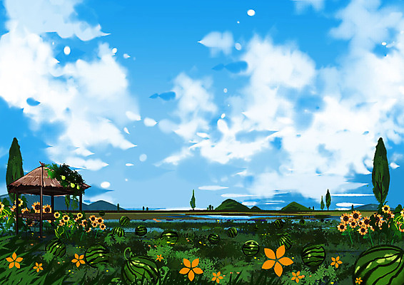PSD 구름 백그라운드 일러스트 하늘 해바라기 여름음식 수박 초원 사람없음 여름 맑음 원두막 계절백그라운드 수박밭 청명 제철과일 국내일러스트 자연요소 계절 꽃 음식 밭 과일 날씨 제철 파일형식 여름_계절