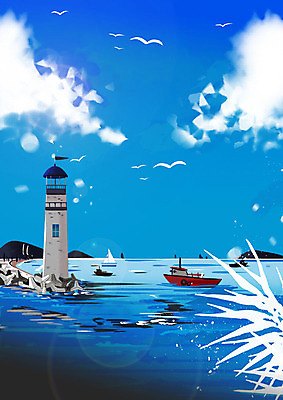 PSD 구름 파도 바다 백그라운드 일러스트 갈매기 하늘 등대 사람없음 여름 맑음 어선 시원함 방파제 계절백그라운드 국내일러스트 자연요소 계절 공공시설 배_교통 조류 날씨 파일형식