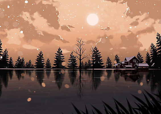 PSD 나무 구름 호수 백그라운드 겨울 일러스트 하늘 주택 사람없음 태양 반사 눈 계절백그라운드 겨울배경 국내일러스트 자연요소 식물 계절 날씨 건물 파일형식