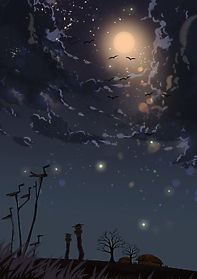 PSD 나무 구름 백그라운드 일러스트 조류 하늘 초가집 사람없음 어둠 가을 장승 계절백그라운드 솟대 가을배경 국내일러스트 자연요소 식물 동물 계절 한옥 파일형식 가을_계절