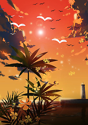PSD 꽃 바다 백그라운드 일러스트 갈매기 하늘 등대 사람없음 여름 야자수 노을 포근함 계절백그라운드 국내일러스트 자연요소 나무 식물 계절 조류 감각 파일형식