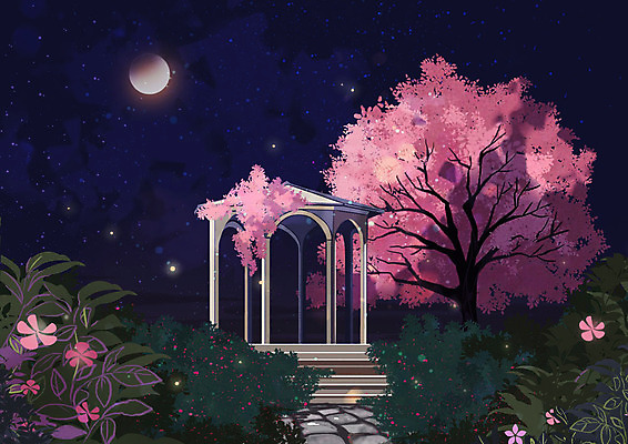 PSD 공원 꽃 분홍색 백그라운드 일러스트 사람없음 정원 봄 벚꽃 달 벚나무 정자 화사함 계절백그라운드 봄배경 국내일러스트 자연요소 나무 식물 건축물 계절 공공시설 컬러 컨셉 파일형식