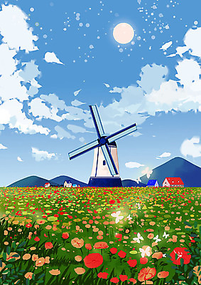 PSD 구름 꽃 백그라운드 꽃밭 일러스트 하늘 초원 사람없음 햇빛 태양 맑음 봄 풍차 화사함 계절백그라운드 봄배경 국내일러스트 자연요소 식물 계절 컨셉 날씨 파일형식