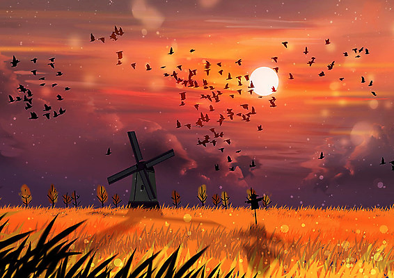 PSD 백그라운드 여러마리 일러스트 하늘 초원 사람없음 태양 노을 풍차 가을 포근함 허수아비 계절백그라운드 철새 가을배경 국내일러스트 자연요소 계절 다수 농업 조류 감각 파일형식 가을_계절