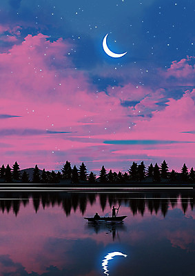 PSD 나무 구름 호수 백그라운드 일러스트 하늘 사람없음 반사 달 가을 초승달 포근함 나룻배 계절백그라운드 가을배경 국내일러스트 자연요소 식물 계절 배_교통 감각 파일형식 가을_계절