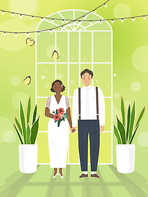 전신 외국인 식물 커플 여자 남자 행복 흑인 나비 결혼 일러스트 창문 결혼식 따뜻함 동양인 성인 두명 연두색 손잡기 촬영 봄 국제결혼 황인 국내일러스트 AI파일 서양인 계절 감정 곤충 관계 모션 사람 인종 이벤트 초록색 파일형식 벡터