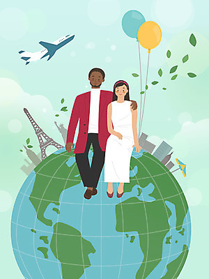 전신 외국인 커플 여자 남자 행복 흑인 일러스트 하늘 비행기 따뜻함 사람 앉기 동양인 성인 두명 여름 글로벌 지구본 에펠탑 풍선 국제결혼 황인 어깨에손 국내일러스트 AI파일 서양인 계절 감정 결혼 관계 항공교통 모션 대중교통 인종 파리 랜드마크 파일형식 벡터