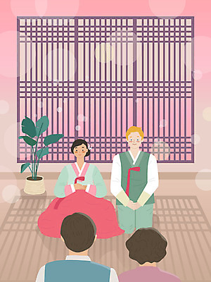 서양인 외국인 백인 커플 여자 명절 남자 분홍색 일러스트 한옥 주택 따뜻함 사람 앉기 여러명 상반신 성인 부모 한국인 인사 한복 초대 사위 국제결혼 황인 국내일러스트 AI파일 한국전통 전통 기념일 컬러 다수 결혼 고건축 가족 관계 모션 동양인 인종 건물 예절 전통의상 파일형식 벡터