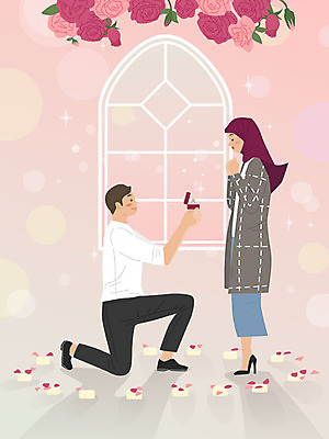 전신 외국인 커플 여자 남자 꽃 행복 프로포즈 일러스트 중동 창문 따뜻함 서기 앉기 동양인 성인 두명 반지 국제결혼 중동인 황인 히잡 국내일러스트 AI파일 식물 감정 나라 결혼 장신구 관계 모션 사람 인종 이슬람문화 파일형식 벡터