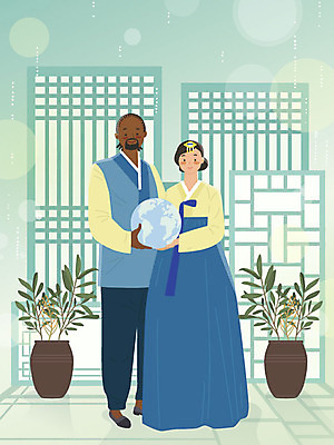 전신 외국인 식물 커플 여자 남자 행복 흑인 일러스트 따뜻함 서기 들기 사람 동양인 성인 두명 지구본 한복 민트 창틀 국제결혼 황인 국내일러스트 AI파일 서양인 한국전통 감정 결혼 창문 관계 모션 인종 전통의상 허브 파일형식 벡터