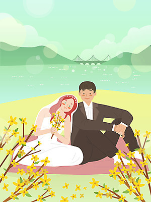 전신 외국인 백인 커플 공원 여자 남자 꽃 행복 바다 웨딩드레스 일러스트 따뜻함 사람 앉기 정장 턱시도 성인 두명 노란색 촬영 기댐 봄 개나리 빨간머리 국제결혼 황인 웨딩촬영 국내일러스트 AI파일 서양인 식물 헤어스타일 드레스 옷 계절 공공시설 감정 컬러 결혼 관계 모션 인종 기념사진 파일형식 벡터
