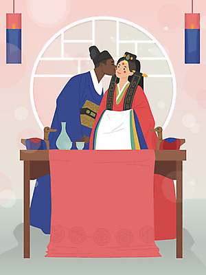 전신 외국인 커플 여자 남자 행복 분홍색 흑인 일러스트 한옥 키스 따뜻함 사람 앉기 동양인 성인 두명 한복 전통혼례 청사초롱 혼례복 국제결혼 황인 국내일러스트 AI파일 서양인 한국전통 감정 컬러 결혼 고건축 관계 모션 인종 전통의상 전통의례 애정표현 초롱 파일형식 벡터