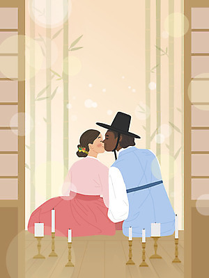 외국인 커플 여자 남자 행복 흑인 고건축 일러스트 촛불 한옥 키스 따뜻함 사람 앉기 성인 두명 한복 대나무 촛대 국제결혼 베이지색 황인 국내일러스트 AI파일 갓모자 서양인 나무 모자_잡화 한국전통 건축물 감정 컬러 결혼 초 관계 모션 전통소품 인종 전통의상 애정표현 파일형식 벡터