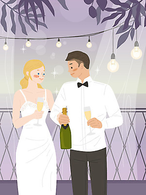 외국인 식물 백인 커플 여자 남자 행복 일러스트 난간 조명 따뜻함 서기 들기 사람 성인 두명 팔짱 보라색 발코니 샴페인 건배 국제결혼 피로연 황인 국내일러스트 AI파일 서양인 감정 컬러 결혼 관계 모션 주류 인종 파일형식 벡터