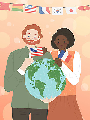 외국인 백인 커플 여자 남자 행복 흑인 일러스트 따뜻함 들기 사람 성인 두명 친구 글로벌 지구본 주황색 미국 프랑스 국기 만국기 국제결혼 국내일러스트 AI파일 서양인 감정 유럽 컬러 결혼 북아메리카 관계 모션 인종 파일형식 벡터