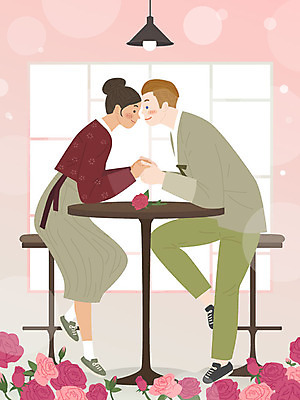 외국인 백인 커플 여자 남자 꽃 행복 분홍색 일러스트 따뜻함 사람 성인 두명 마주보기 손잡기 카페 커플룩 개량한복 국제결혼 황인 국내일러스트 AI파일 서양인 식물 옷 감정 컬러 결혼 관계 모션 인종 상점 한복 파일형식 벡터