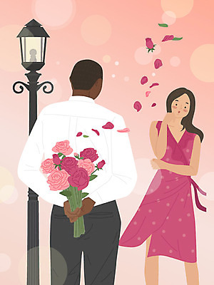 외국인 커플 원피스 여자 남자 꽃 분홍색 꽃다발 흑인 프로포즈 가로등 일러스트 조명 거리 따뜻함 선물 서기 동양인 상반신 성인 두명 준비 국제결혼 황인 국내일러스트 AI파일 서양인 식물 옷 공공시설 컬러 결혼 관계 모션 사람 인종 파일형식 벡터