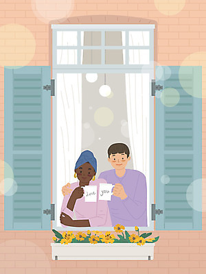 외국인 커플 여자 남자 꽃 행복 흑인 일러스트 창문 어깨동무 티타임 따뜻함 두건 서기 동양인 상반신 성인 봄 머그컵 커튼 국제결혼 살구색 황인 국내일러스트 AI파일 서양인 식물 계절 감정 컬러 포즈 결혼 관계 모션 휴식 사람 인종 컵 파일형식 벡터