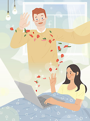 외국인 백인 커플 여자 남자 꽃 행복 하늘색 일러스트 모바일 따뜻함 사람 상반신 성인 두명 노트북 침실 인사 연애 통화 국제결혼 화상통화 황인 온택트 국내일러스트 AI파일 서양인 식물 감정 결혼 관계 모션 인종 파란색 전자제품 예절 파일형식 벡터