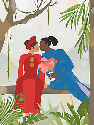 전신 외국인 커플 여자 남자 행복 꽃다발 흑인 일러스트 키스 따뜻함 들기 앉기 성인 두명 여름 컬러풀 동남아시아 전통의상 전통혼례 베트남 국제결혼 베트남인 정글짐 황인 국내일러스트 AI파일 서양인 한국전통 전통 계절 꽃 감정 아시아 컬러 결혼 관계 모션 사람 동양인 인종 놀이기구 전통의례 애정표현 파일형식 벡터