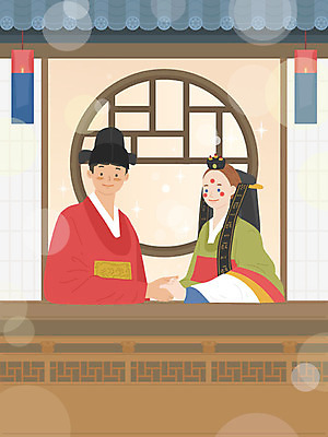 서양인 외국인 백인 커플 여자 남자 행복 일러스트 한옥 따뜻함 사람 동양인 상반신 성인 두명 컬러풀 손잡기 전통의상 한복 전통혼례 청사초롱 국제결혼 국내일러스트 AI파일 한국전통 전통 감정 컬러 결혼 고건축 관계 모션 인종 전통의례 초롱 파일형식 벡터