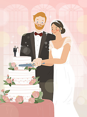 서양인 외국인 백인 커플 여자 남자 행복 분홍색 웨딩드레스 일러스트 결혼식 따뜻함 동양인 상반신 성인 두명 자르기 웨딩케이크 국제결혼 예식장 황인 국내일러스트 AI파일 드레스 감정 컬러 결혼 관계 모션 사람 인종 케이크 공간 파일형식 벡터