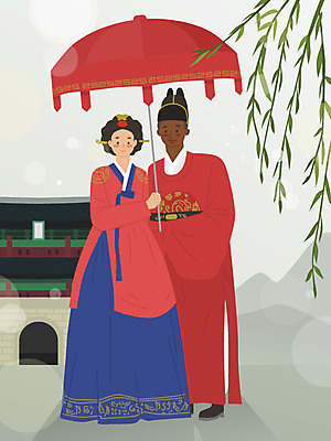 전신 외국인 커플 여자 남자 행복 흑인 일러스트 따뜻함 서기 동양인 성인 두명 컬러풀 궁전 전통의상 왕 버드나무 경복궁 여왕 국제결혼 궁중의상 전통우산 황인 국내일러스트 AI파일 서양인 나무 전통 감정 컬러 결혼 고건축 우산 관계 모션 한국 사람 인종 파일형식 벡터