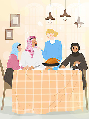 서양인 외국인 백인 커플 여자 남자 행복 일러스트 가족 식탁 탁자 조명 따뜻함 앉기 여러명 상반신 성인 식사 저녁식사 치킨 국제결혼 살구색 히잡 국내일러스트 AI파일 감정 컬러 가구 다수 결혼 관계 모션 사람 인종 닭고기요리 이슬람문화 파일형식 벡터